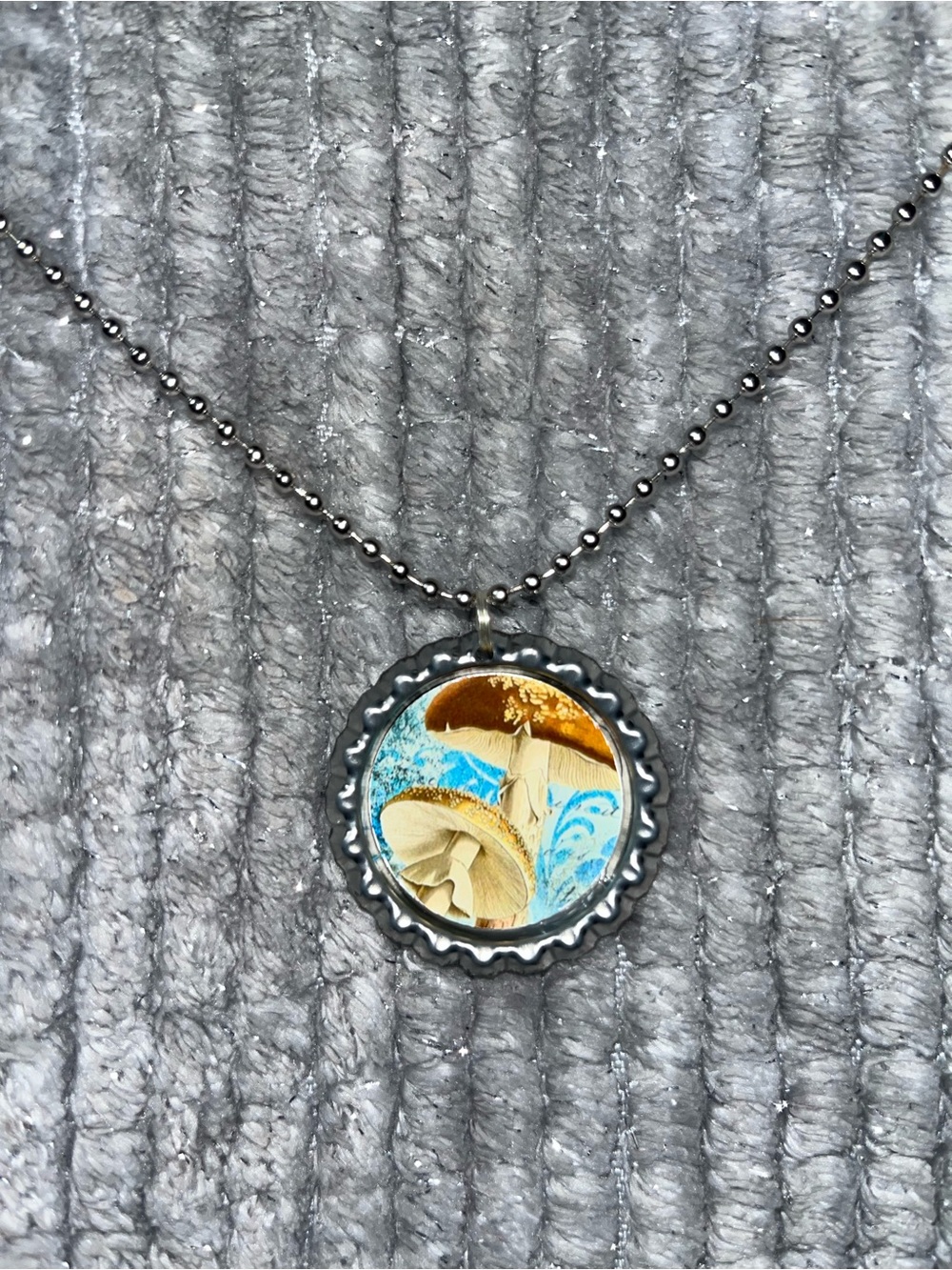 Blue and Gold Mushroom Bottle Cap Pendant Necklace